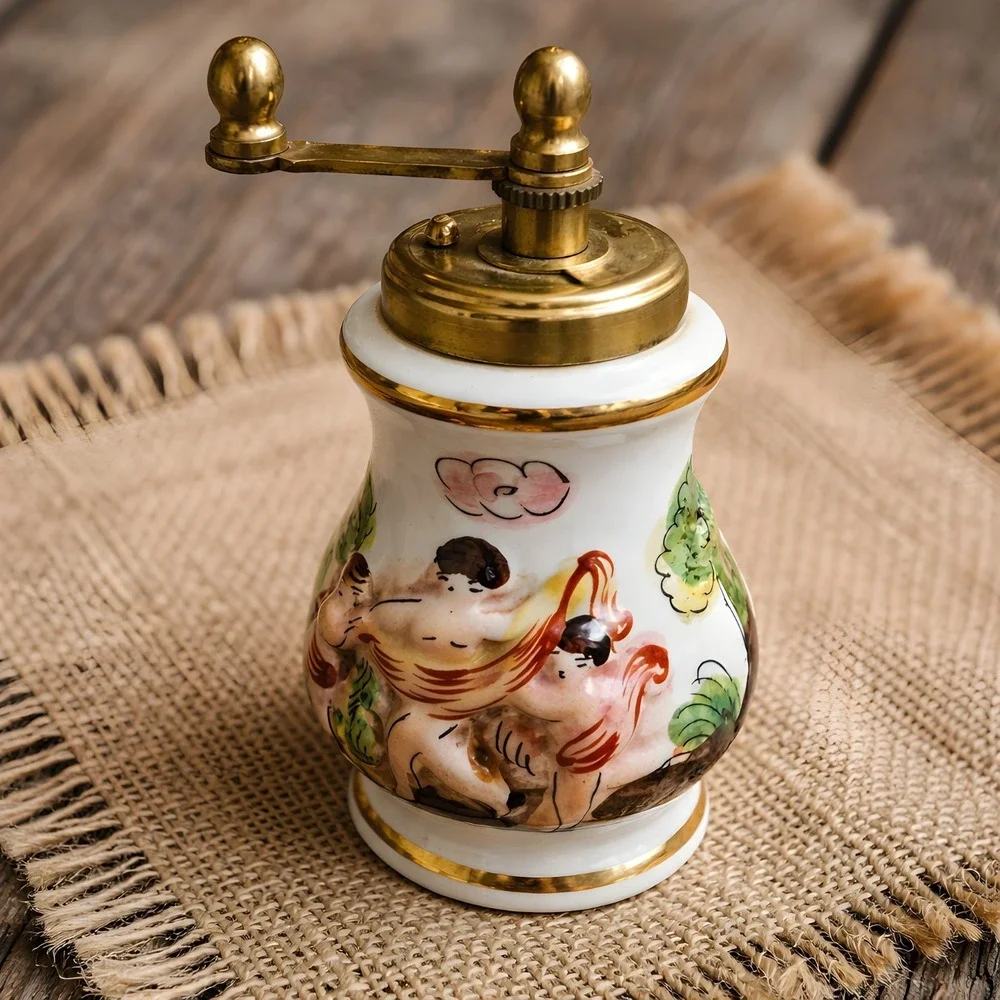 Capodimonte Porcelain Brass Salt Shaker Pepper Mill Cherubs Angels Italy Vintage